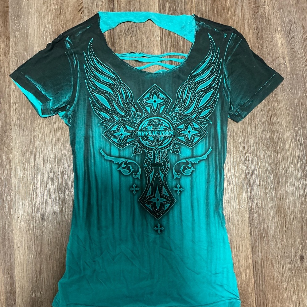 Affliction Green Graphic Cut Out Tee
